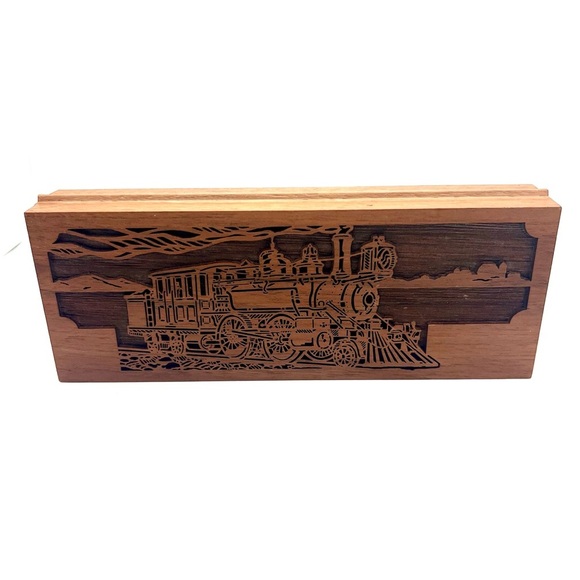 Walnut Wood with laser engraved train/ steam engine design. - Picture 1 of 8